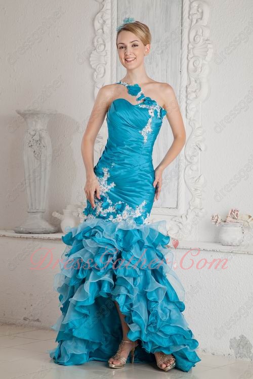 One Shoulder High Low Mermaid Fishtail Azure Blue Organza Layers Evening Gowns - Click Image to Close