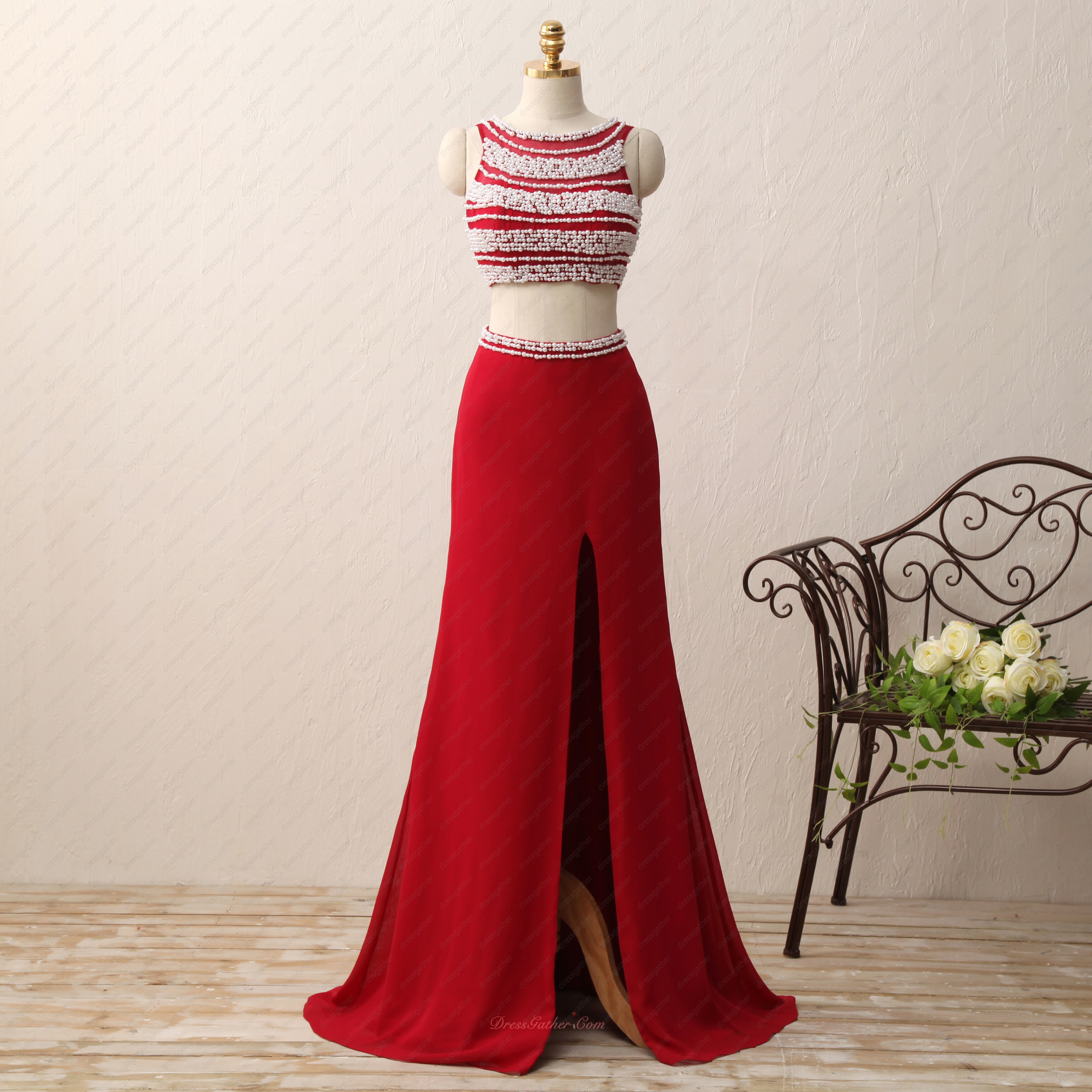 Elegant Fully Pearl Decorated Expose Waist Red Private Party Gowns Amazon - Click Image to Close