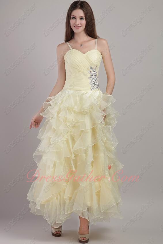 Lightest Yellow Organza Ruffles Ankle Length Party Prom Gowns Inexpensive - Click Image to Close