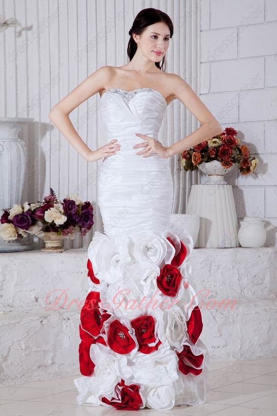 One-step Mermaid Ruching Taffeta Prom Dress With White and Red Rolled 3D Flowers - Click Image to Close