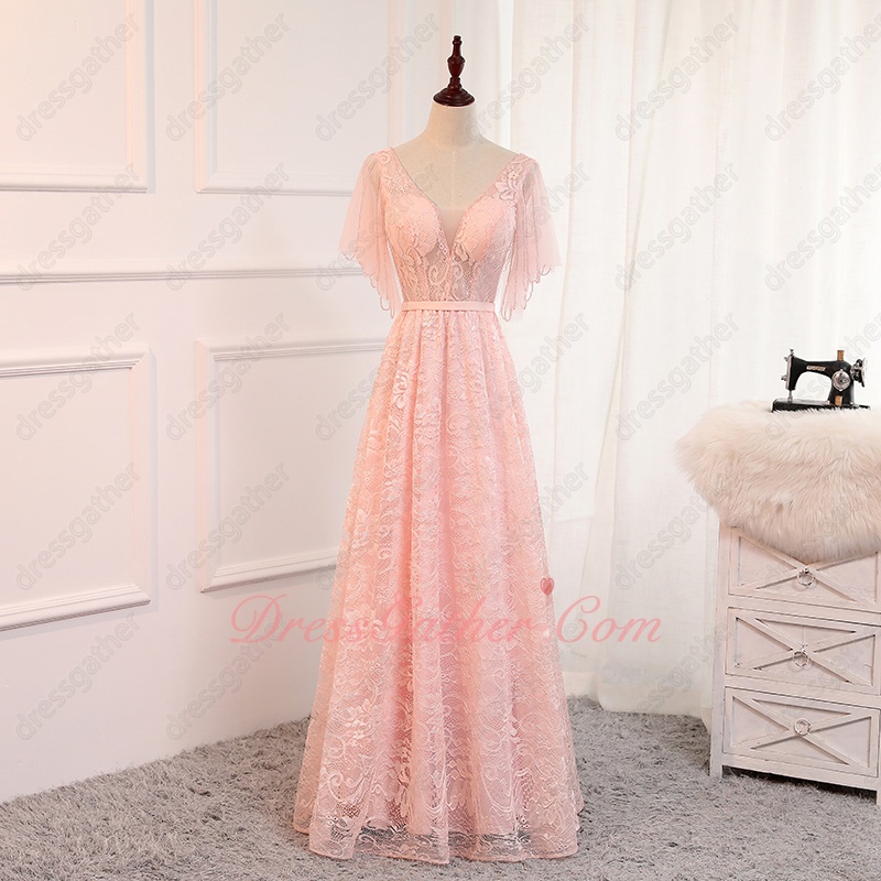 Butterfly/Batwing Sleeve Sheer Bodice Full Lace Floor Length Blush Pink Prom Dress 2023 - Click Image to Close