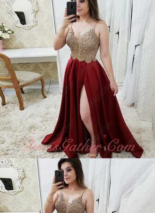 Spaghetti Straps Nude Beading Bodice Wine Red Satin Slit Skirt Evening Dress Queen - Click Image to Close