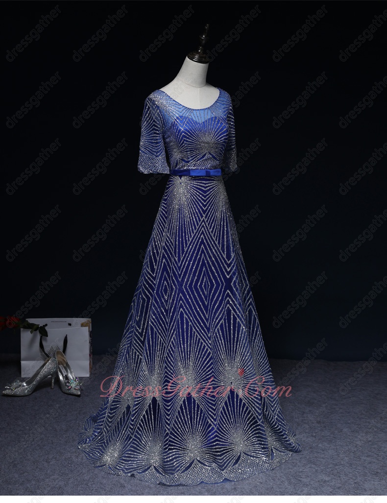 Exclusive Scoop Neck Shiny Stripe Lace Dark Royal Blue Evening Gowns Runway Pageant - Click Image to Close