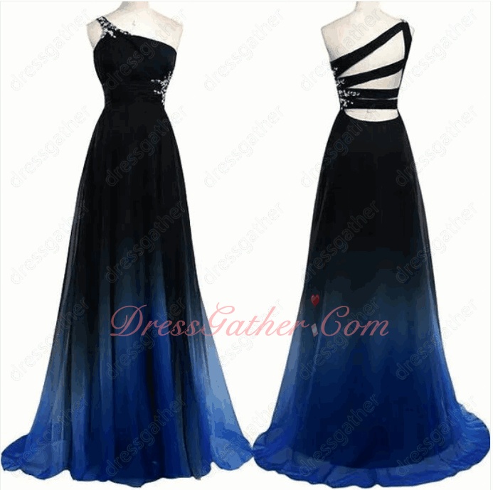 Company Activity Hostess Stage Evening Prom Gowns Midnight Blue Fade Gradient Chiffon - Click Image to Close