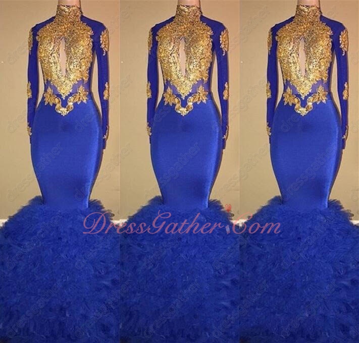 Shealth Mermaid Package Hips Show Figure Stretchy Fabric Royal Blue Dress Gold Applique - Click Image to Close