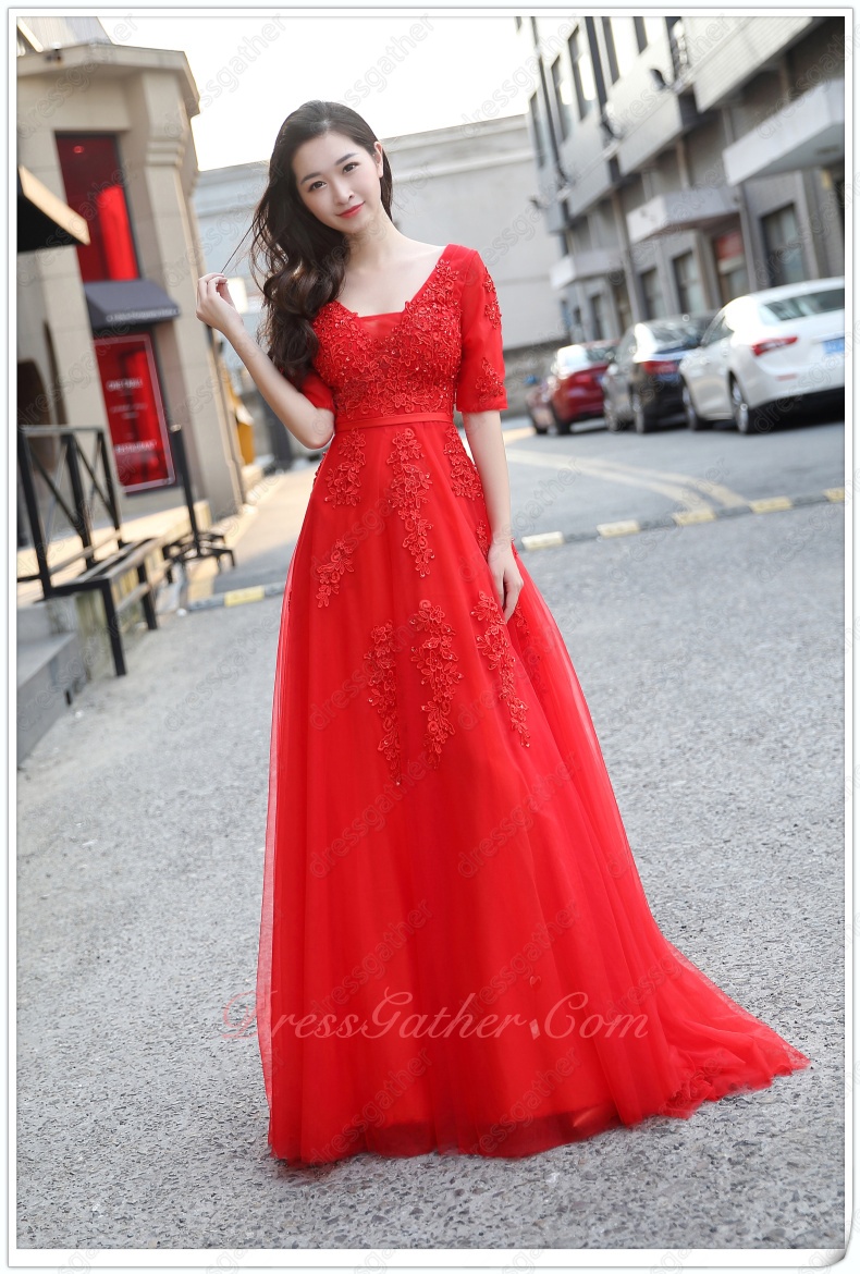 Dreamy V-neck Half Sleeves Appliques Red Customize Dress For Portrait Photo - Click Image to Close