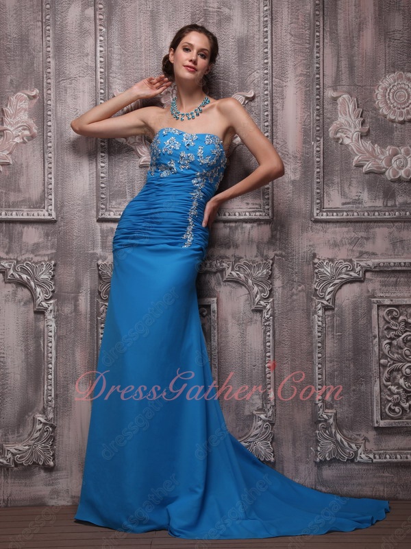 Strapless Azure Blue Chiffon Prom Night Code Evening Dresses With Brush Train - Click Image to Close