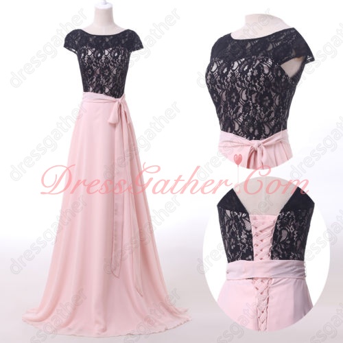 Homelike Black Lace Bodice Pink Chiffon Long Private Dress With Ribbon - Click Image to Close