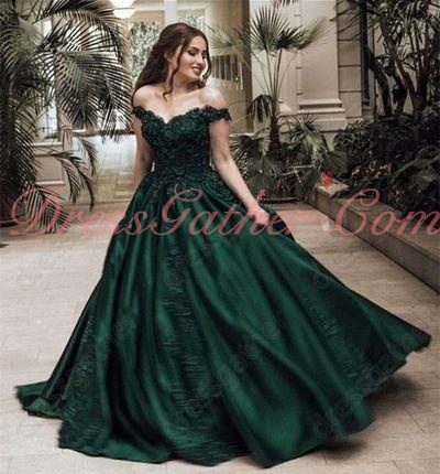 Off Shoulder Fully Applique Bulging Hunter Green Opera Performance Dress Website