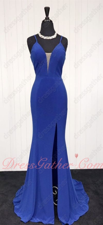 Spaghetti Straps Sexy Split Spandex Mermaid Banquet Dress In Royal Blue - Click Image to Close