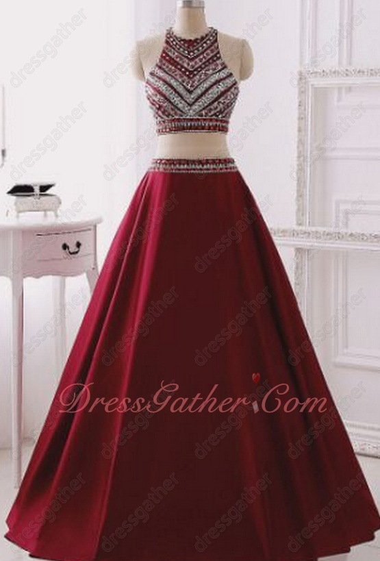 Halter Collar Striated Beading Burgundy A-line Social Dancing Dress Two Pieces - Click Image to Close