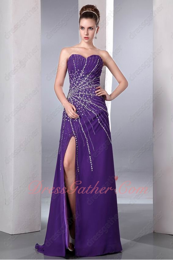 Regency Chiffon Slit Skirt Show Thigh Formal Prom Dress Spider Web Pattern Beading - Click Image to Close