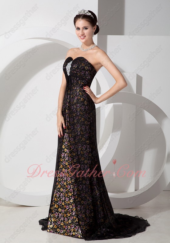 Empire Waist Black Chiffon Slit Printed Florets Pattern Inside Evening Dress - Click Image to Close