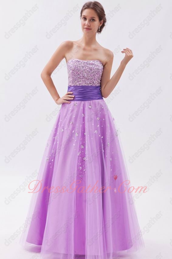 Mallow Bright Lilac Tulle Prom Party Dress With Blue Violet Belt - Click Image to Close