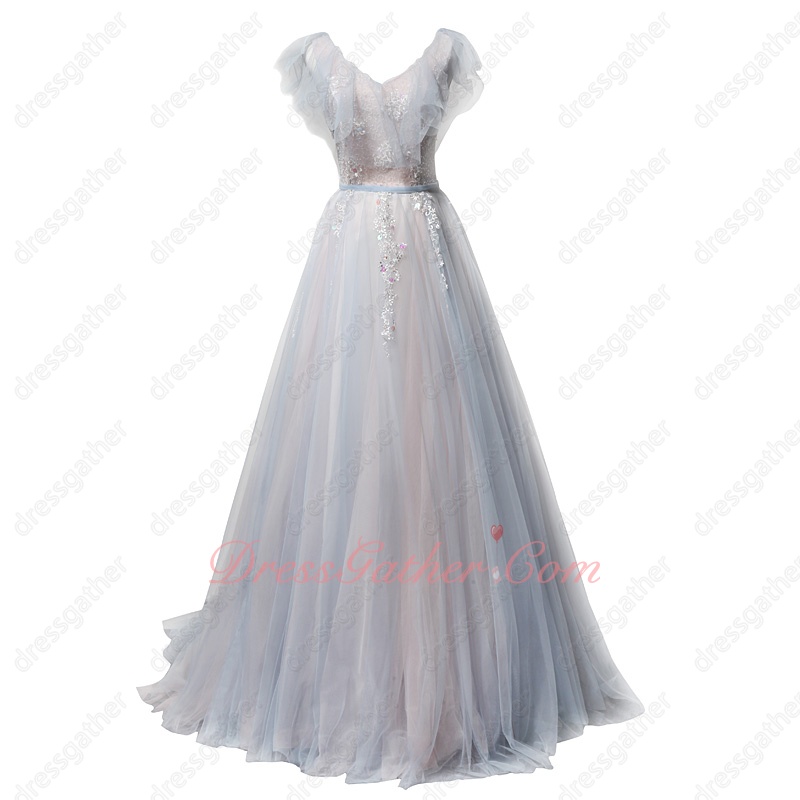 Flouncing Neckline Pleated Tulle Baby Blue and Baby Pink Girlish Prom Dress - Click Image to Close