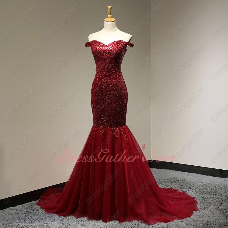 Flashy Sequin Dark Cherry Red Tulle Trumpet Music Festival Dress Amazing - Click Image to Close