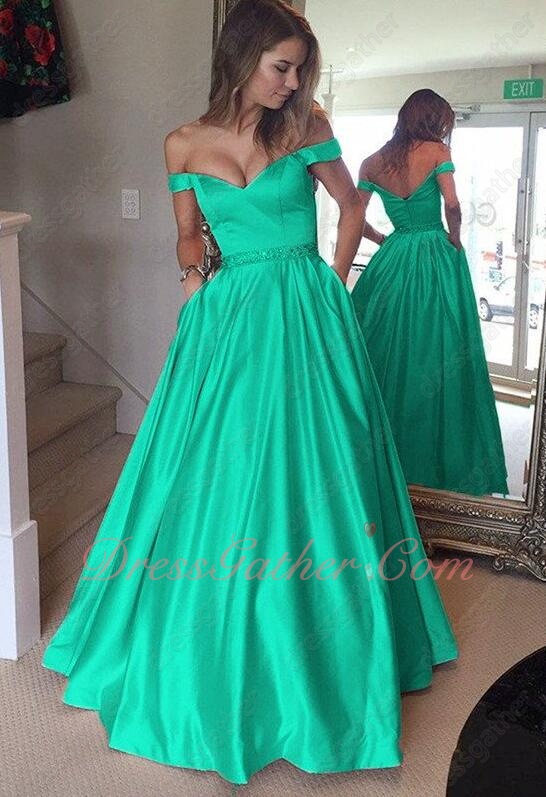 Off Shoulder Turquoise Puffy Satin Formal Military Prom Dress Has Pockets - Click Image to Close