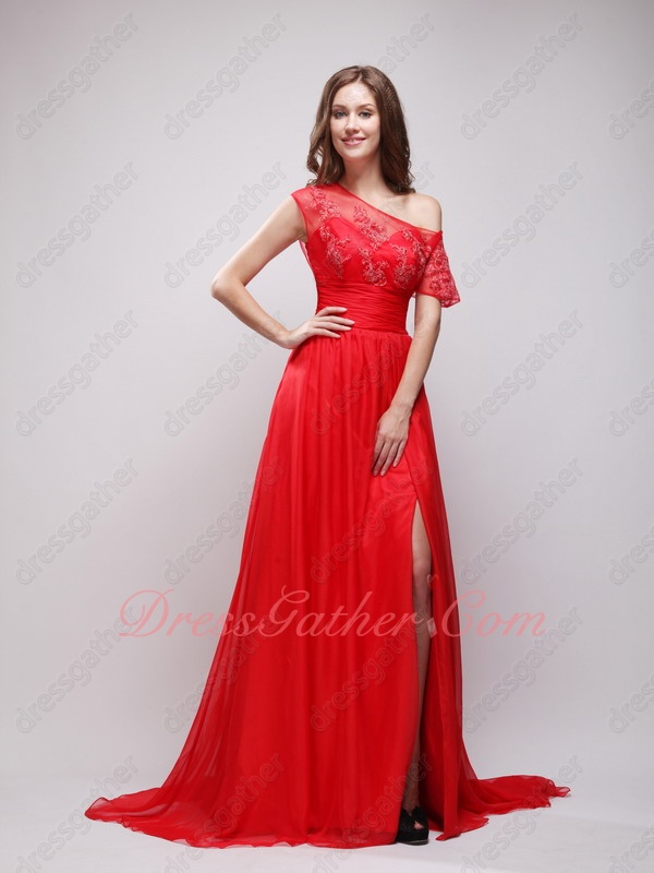 One Off Shoulder High Low Neck Revealed Shoulder Red Chiffon Night Party Dress Princess - Click Image to Close