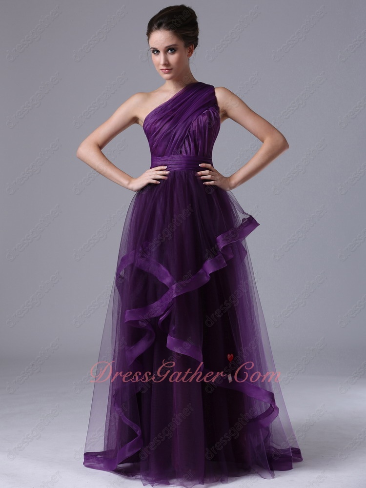 One Shoulder Dark Grape Purple Tulle Evening Dress Overlapping/Horsehair - Click Image to Close