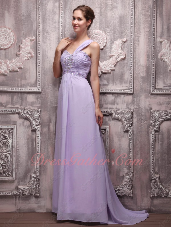 Lilac Color Of 2023 Formal Prom Dress One Strap Sweep Train Skirt With Beading - Click Image to Close