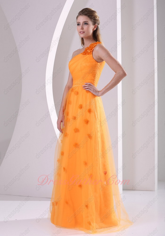 Fairy One Strap Bright Orange Soft Tulle Formal Evening Dress Florets Over Dress - Click Image to Close