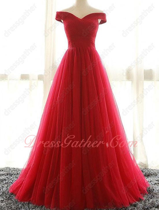 Off Shoulder V Neck Ruching Terse Red Puffy Tulle Talk Show Dress Bustle - Click Image to Close