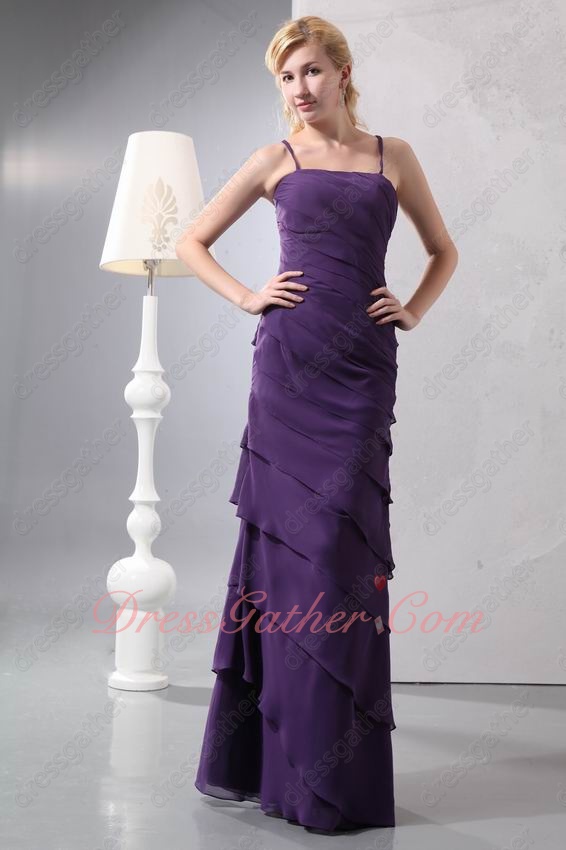 Spaghetti Straps Crossed Back Column Oblique Layers Eggplant Chiffon Formal Prom Dress - Click Image to Close