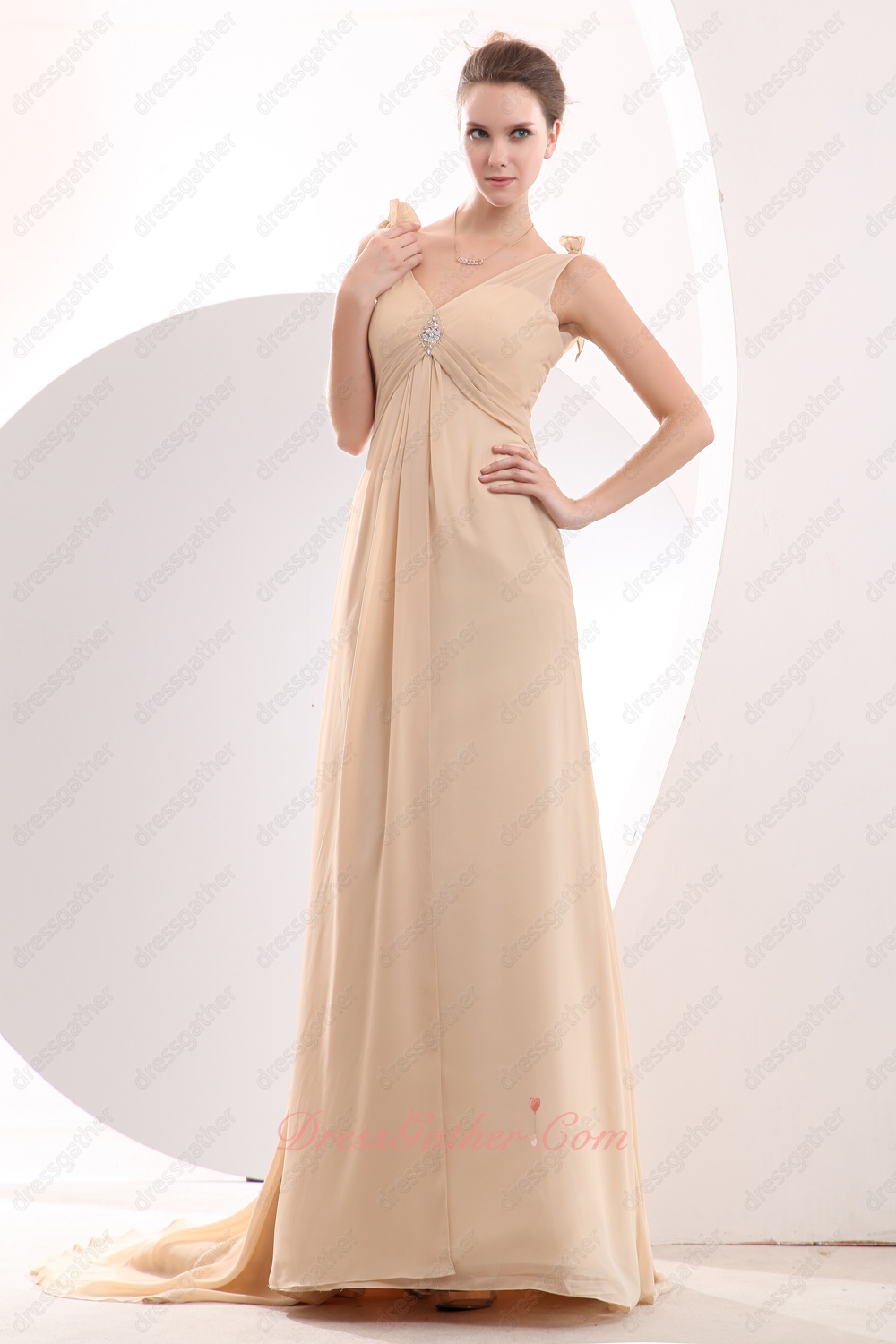 Demure V-Neck Peach Apricot/Champagne Pretty Formal Women Evening Prom Attire - Click Image to Close