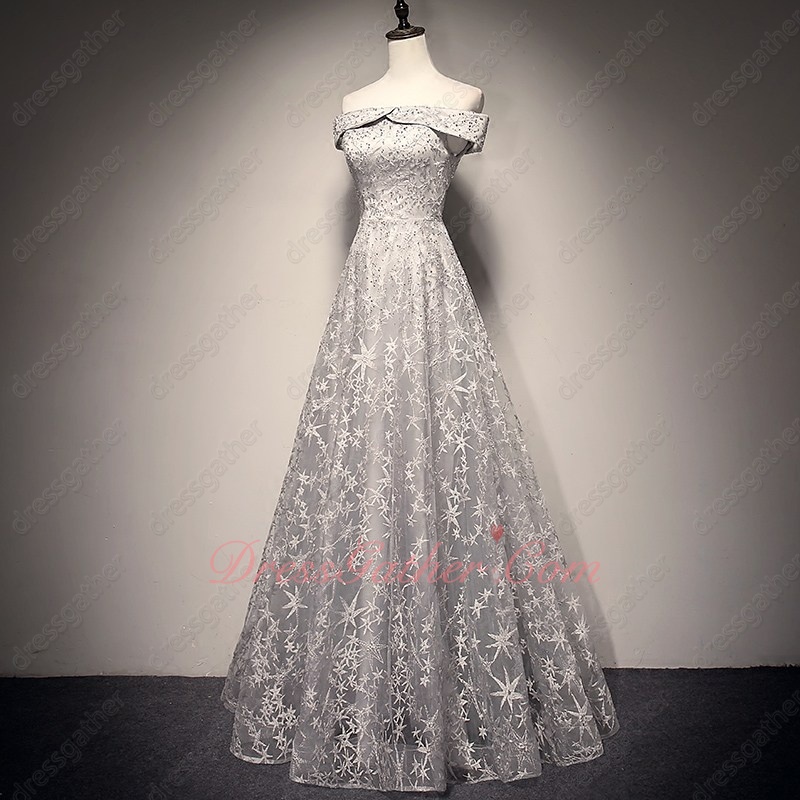 Shiny Stars Over Skirt Unique Silver Lace Flat Shoulders Long Prom Dress - Click Image to Close