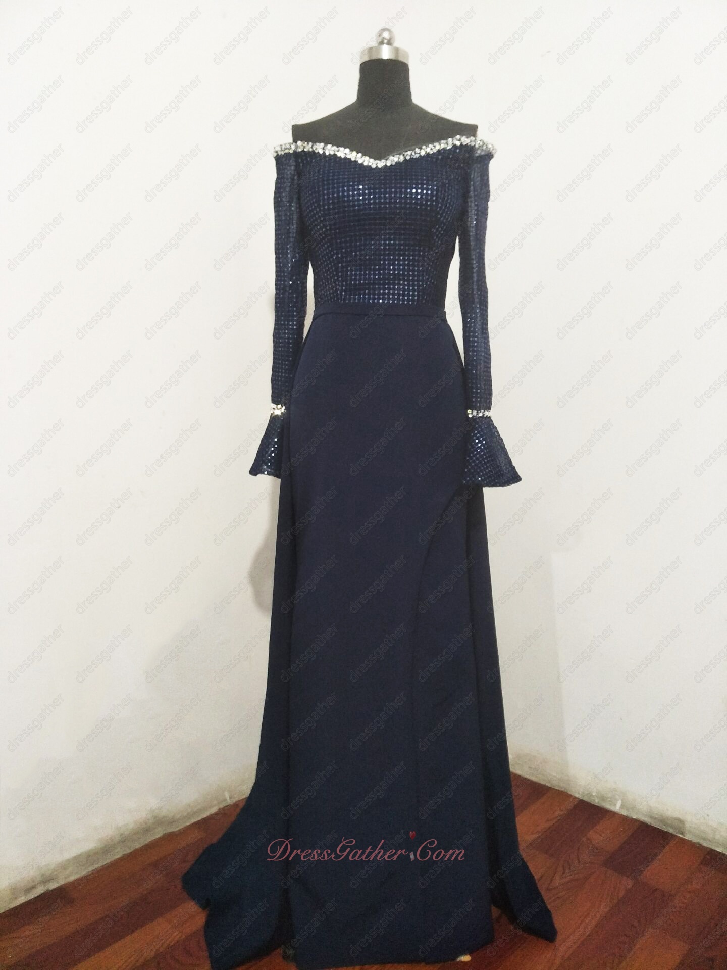 Off Shoulder Long Trumpet Sleeves Spandex Navy Host Evening Gowns Sparkling Grid - Click Image to Close