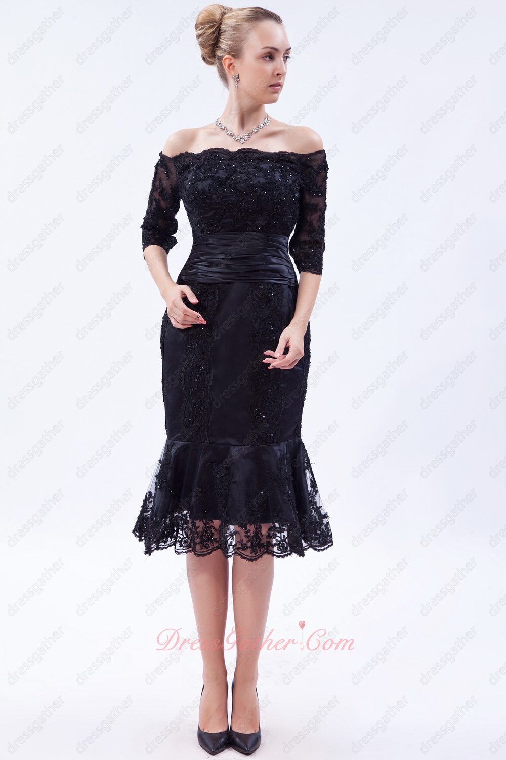 Portrait 1/2 Sleeves Off Shoulder Tea Length Trumpet Evening Gowns Attire Black - Click Image to Close