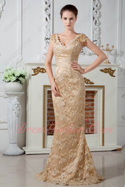 Older Women Cap Sleeves V Collar Champagne Lace Formal Occasion Dress Applicable - Click Image to Close