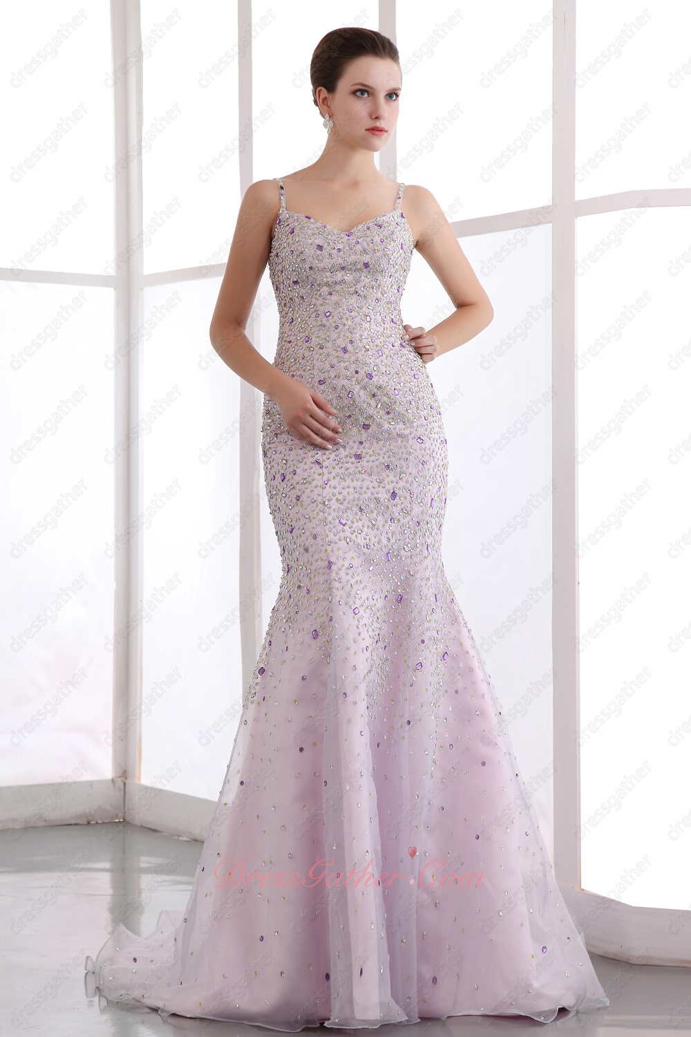 Deluxe Spaghetti Straps Trumpet Lilac Organza Fishtail Formal Prom Dress With Crystals - Click Image to Close