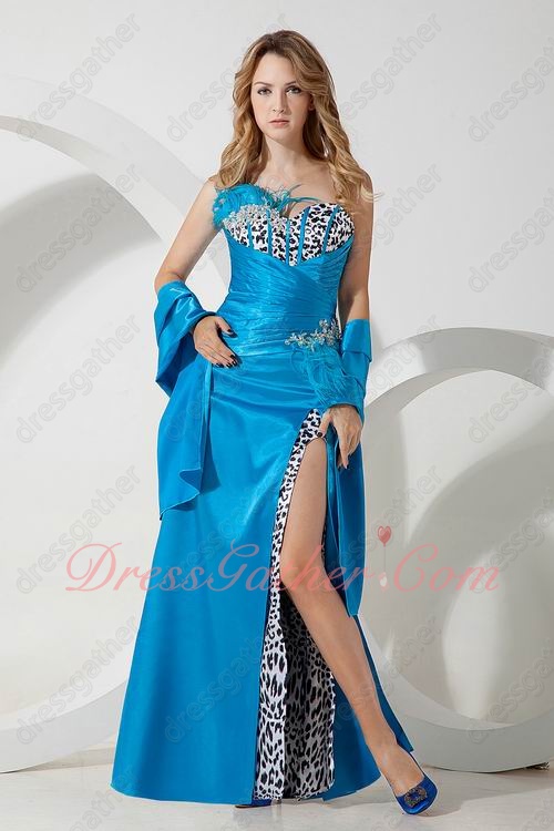 Feather Adorn Azure Blue Carnival Evening Cocktail Gowns Leopard Lining Inside - Click Image to Close
