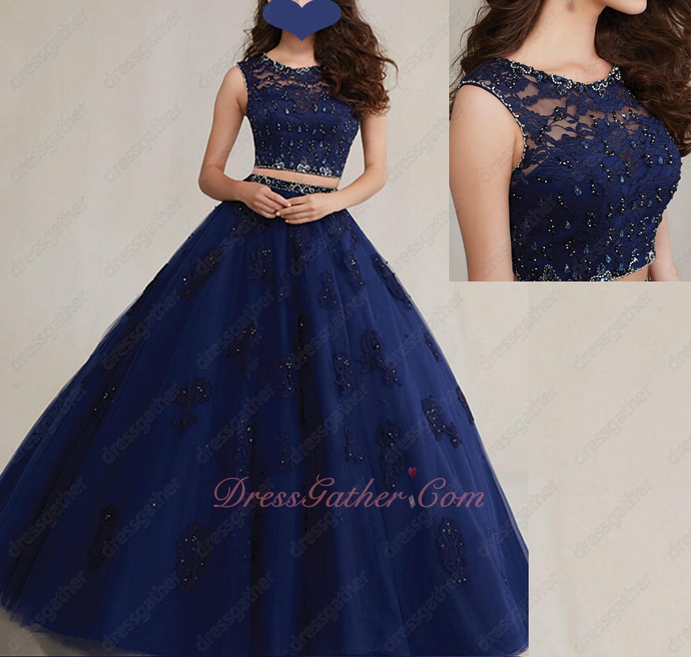 Scoop Neck Navy Blue Two-Pieces Ball Gown Appliques The Entire Dress - Click Image to Close