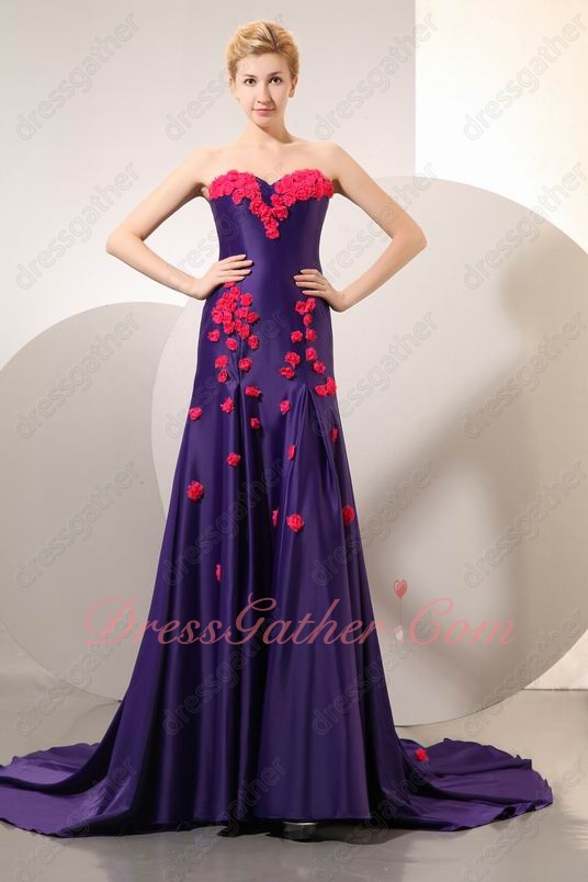 Bright Amethyst Violet Evening Gowns Handmade Fuchsia Flowers Chapel Train - Click Image to Close