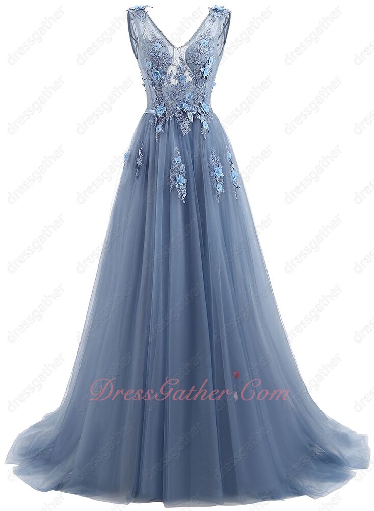 Beautiful 3D Appliques Dust Haze Blue Grey Prom Evening College Social 2023 Trend - Click Image to Close