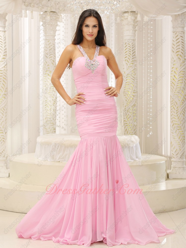 Elegant Beaded Halter Strap Baby Pink Mermaid Formal Evening Gowns Sweep Train - Click Image to Close