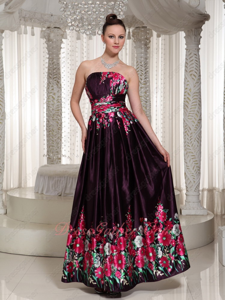 Printed Fabric Prom Dress Strapless Floor Length Skirt Burgundy Purple - Click Image to Close