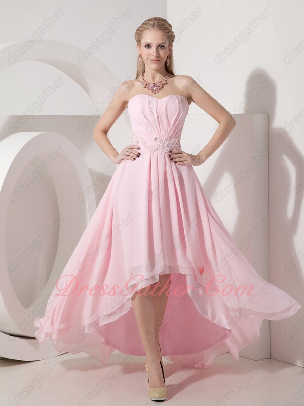 Baby Pink Chiffon High Low Lovely Girls Wear Cocktail Formal Dress Pearl Decorate Sash - Click Image to Close