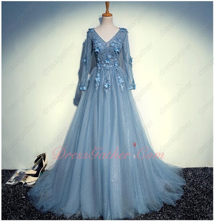 V Neck Long Sleeves Dark Haze Sky Blue Layers Soft Tulle Prom Evening Gowns Club - Click Image to Close