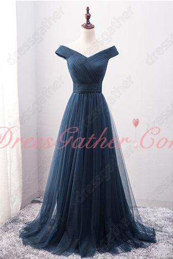 Off Shoulder Tulle Navy Blue Ruching Genteel Celebrity Dress Customize Plus Size - Click Image to Close