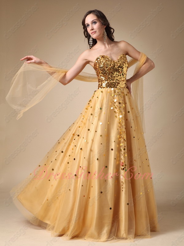 Sparkling Sequin Bodice Tulle Skirt Golden Formal Evening Party Wear Prom Queen - Click Image to Close