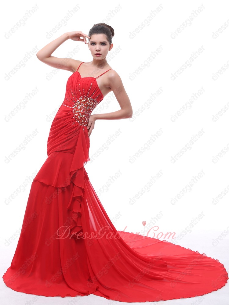 New Arrival Spaghetti Straps Beaded Red Chiffon Bride Formal Gowns Cathedral Train - Click Image to Close