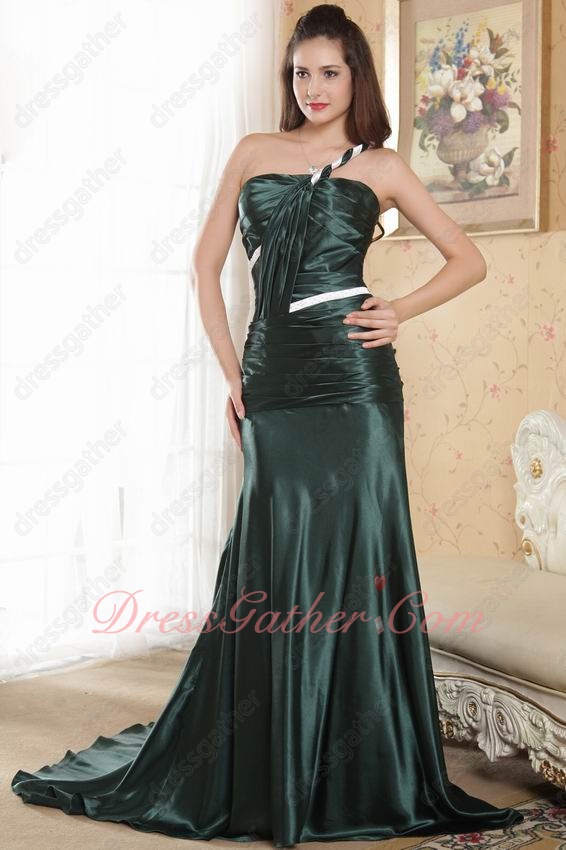 One Shoulder Dark Green Mermaid Glossy Silk-Like Satin Female Prom Dress Evening - Click Image to Close