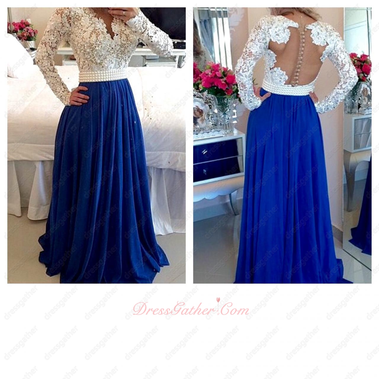 V-Neck Pearl Embellished Chiffon Pageant Prom Dress Long Lace Sleeves - Click Image to Close