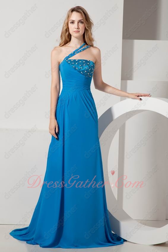 One Strap Sweep Train Azure Blue Chiffon Recommend Latest Formal Evening Gowns - Click Image to Close