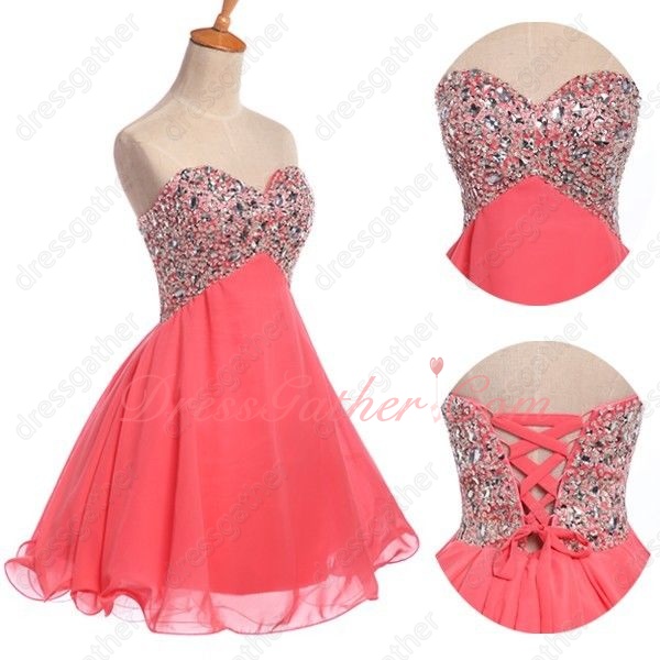 Crystals Decorate Sweetheart Neck Empire Waist Coral Chiffon Homecoming Dress Cheap - Click Image to Close