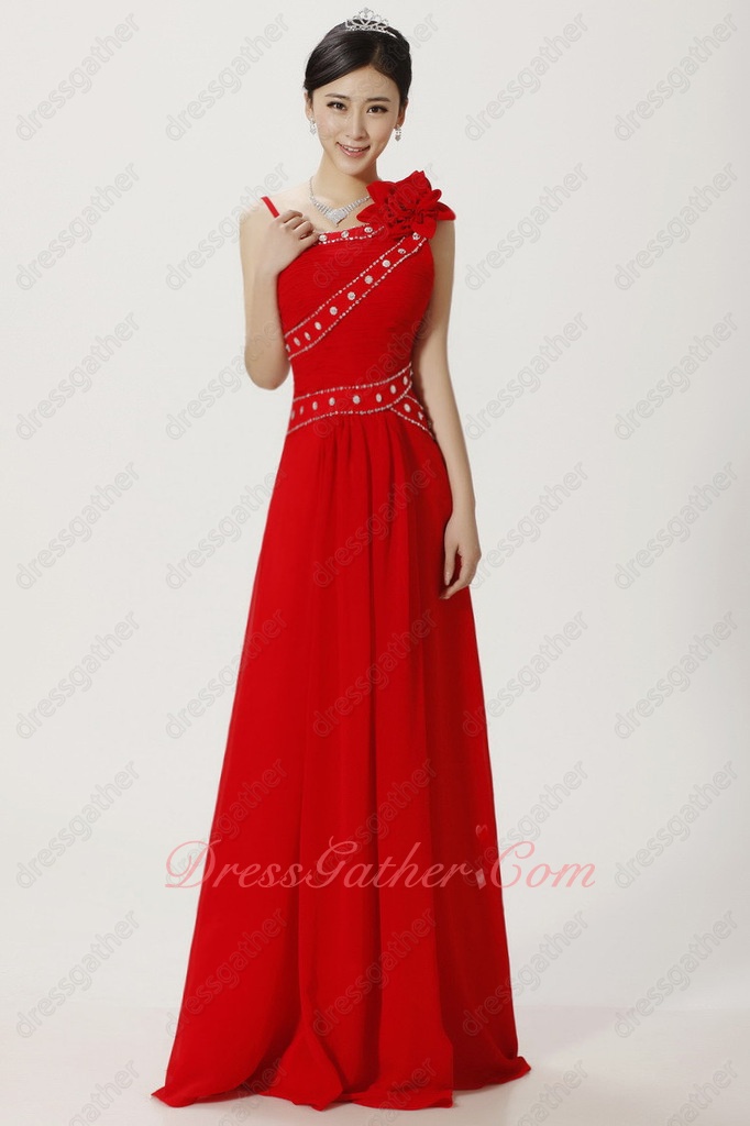 Asymmetric Straps Floor Length Red Ceremony Presenter Prom Dress Inexpensive - Click Image to Close