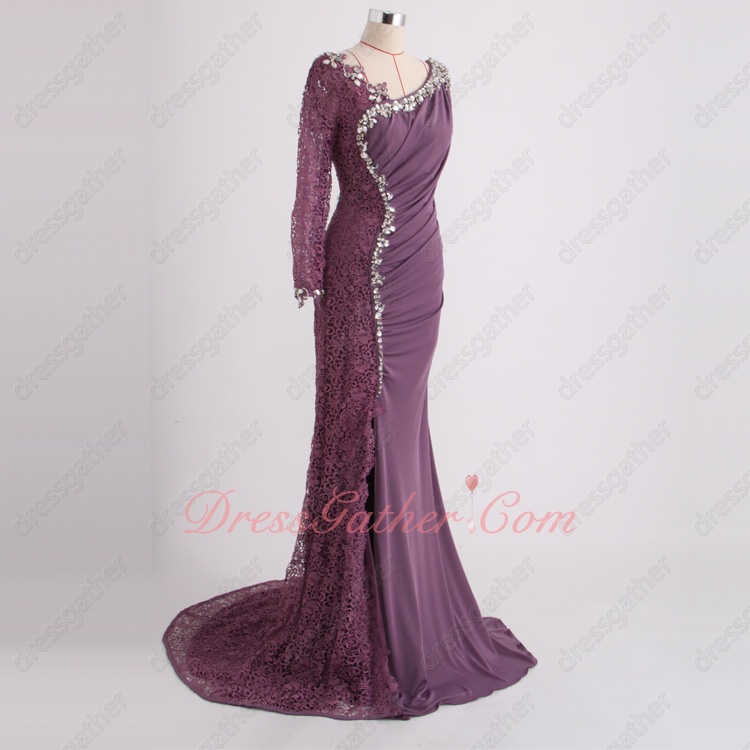 Half Lace Half Chiffon Grayish Purple Fall Prom Dress Single Long Sleeve - Click Image to Close